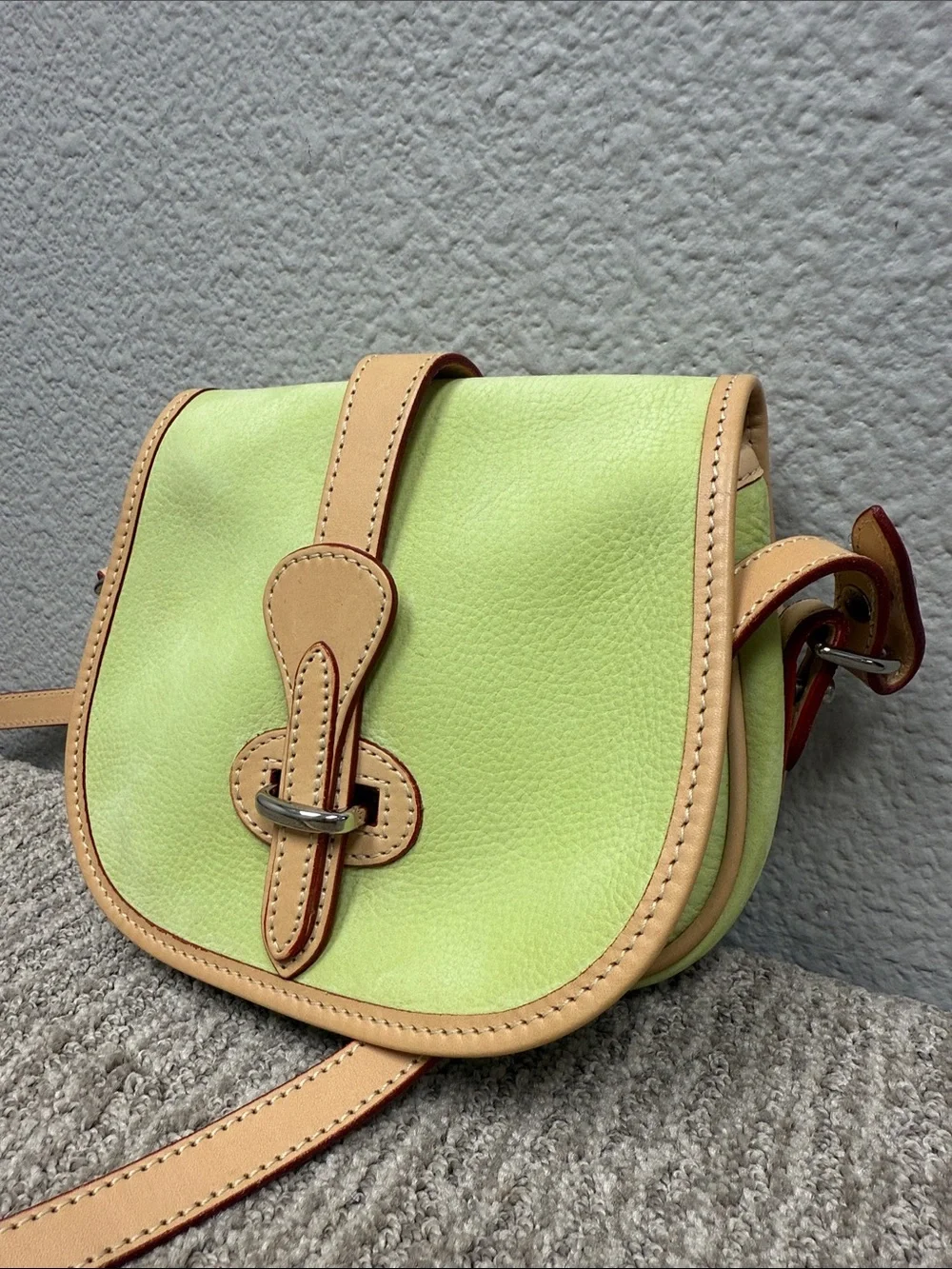 Rare Dooney & Bourke Nubuck/Suede Lime Green & Tan Leather Saddle BagCrossbody